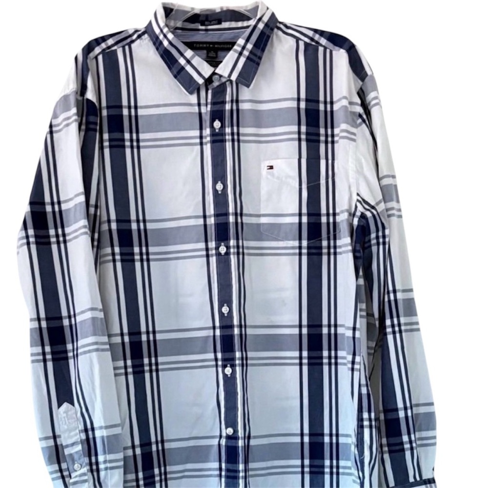 Tommy Hilfiger Men’s White And Blue XL 80’s Two Ply Button Down Shirt